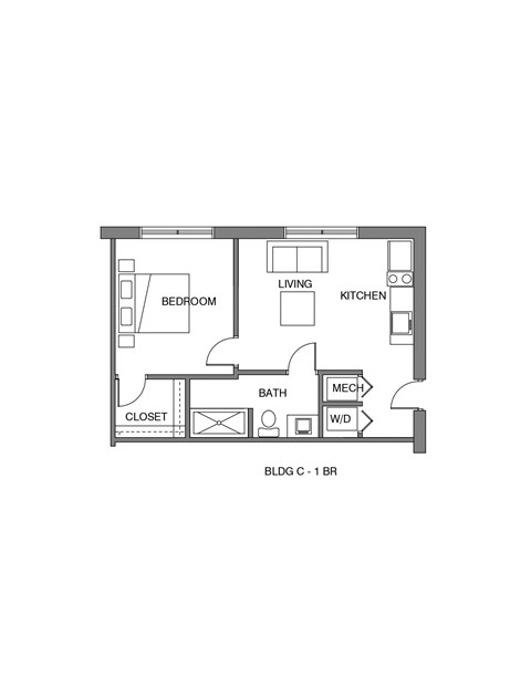 Floor plan for 1 bed, 1 bath, 496 sqft
